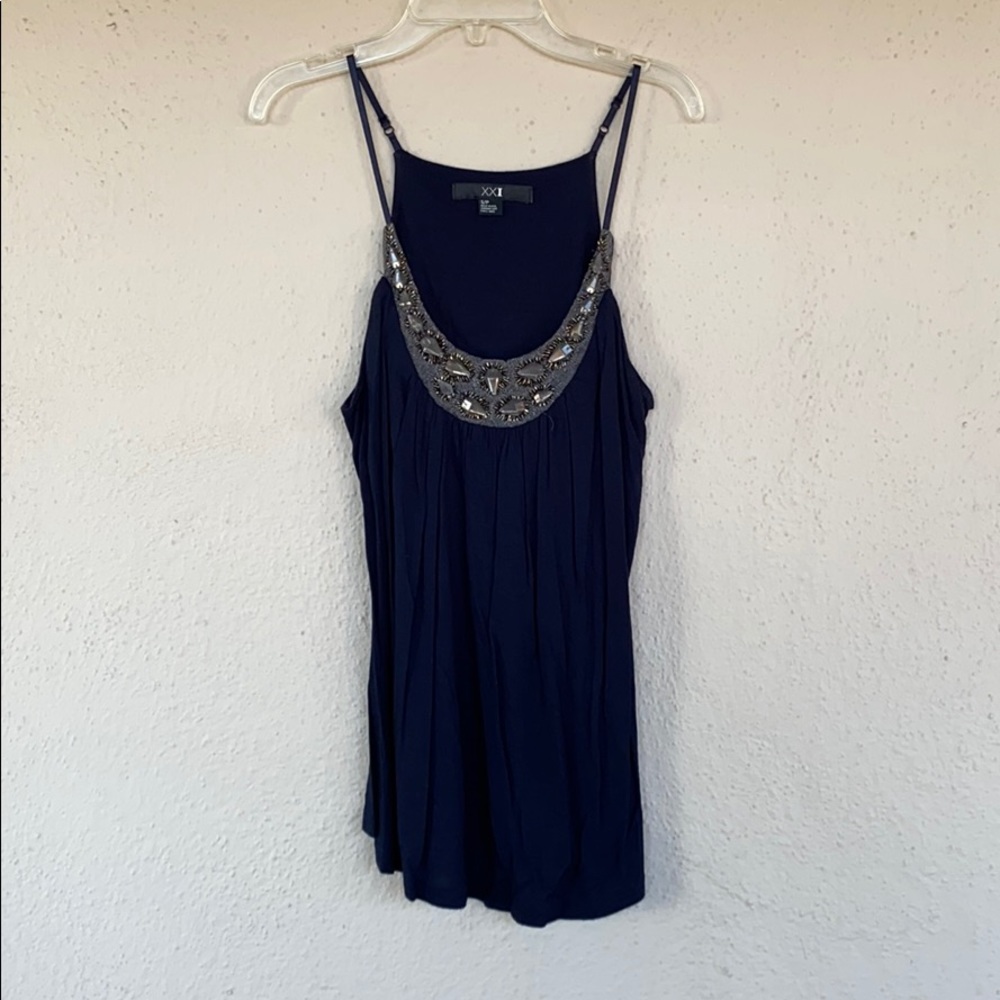 Navy Blue bead/silver-mesh/embroidered neckline